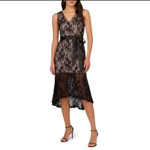 Adrianna Papell Women's Black Lace Flounce Midi Dress Size 14